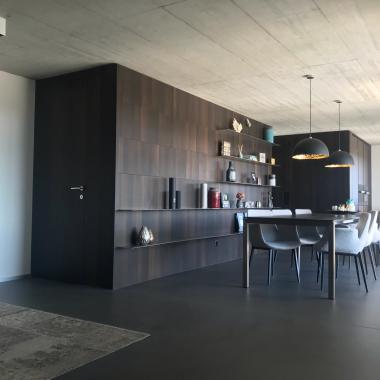 Zona living, boiserie con porta integrata